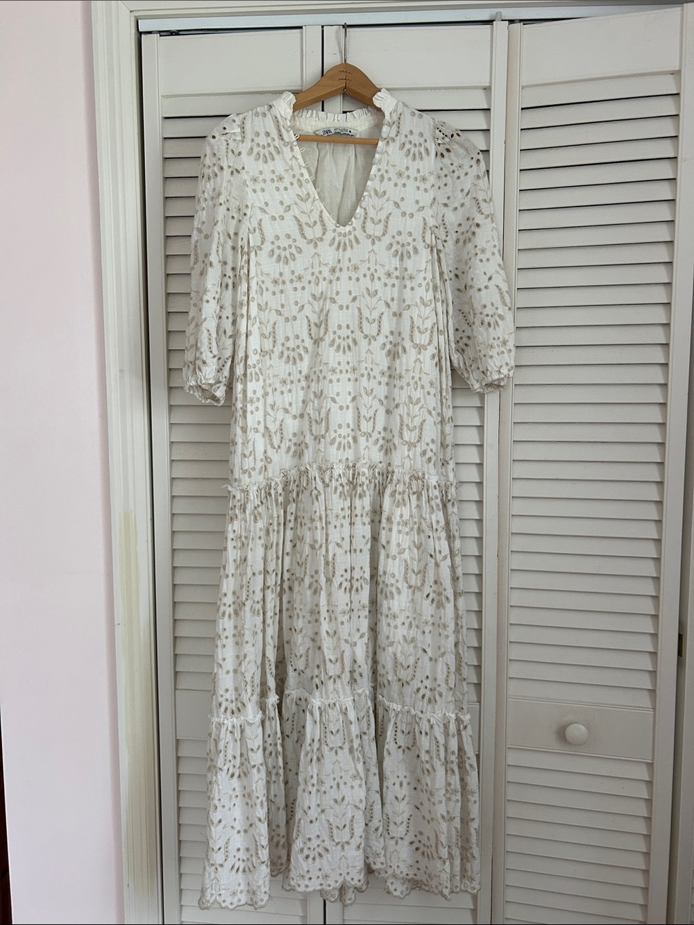 Zara Cream Maxi Dress with Beige Embroidery